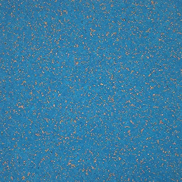 Blue speckled flooring with orange and yellow flecks