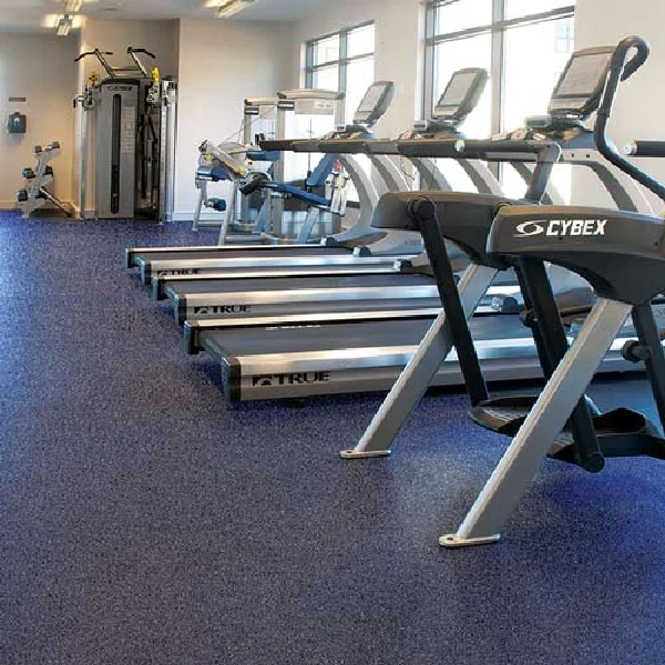 Fitness center floor covered in speckled dark blue EPDM rubber flooring