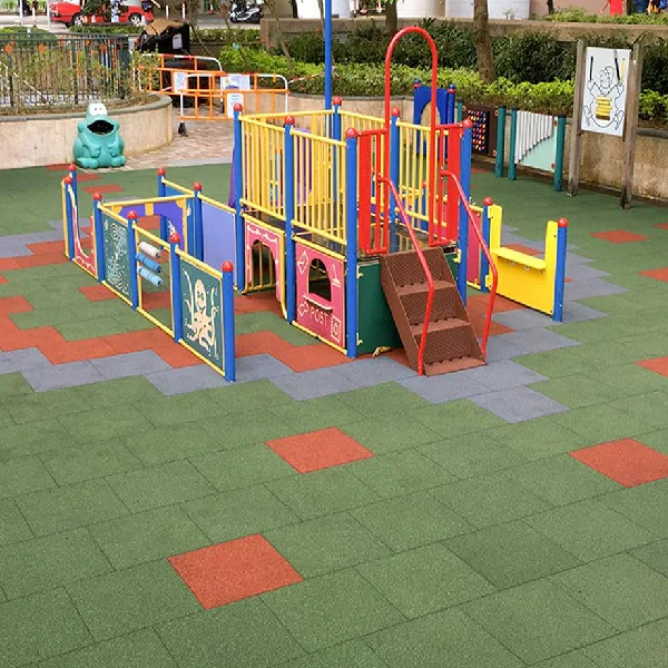 interlocking green, red, and gray EPDM rubber tiles.